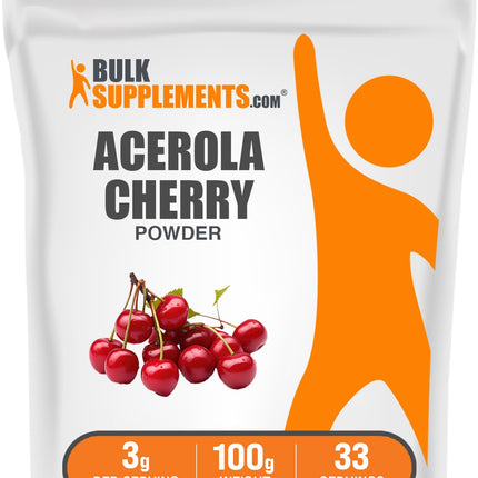 BulkSupplements.com Acerola Cherry Powder - Fruit Powder, Acerola Cherry Supplement, Vitamin C Supplement - Gluten Free, 3g per Serving, 100g (3.5 oz) (Pack of 1)