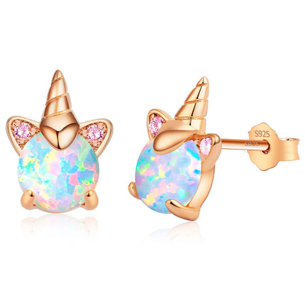 Rose Gold Plated Unicorn Earrings, 14K Hypoallergenic Earrings for Kids ARSKRO S925 Sterling Silver Post Cute Tiny Small Fire Opal Stud Jewelry Gifts for Little Teen Girl Sensitive Ears