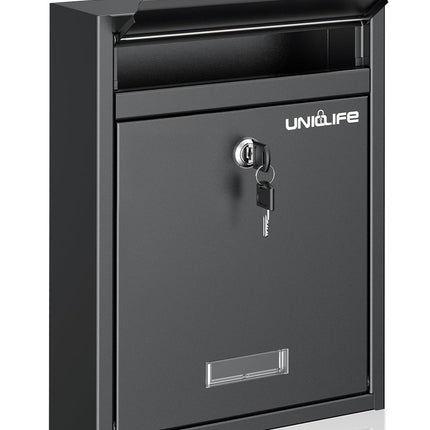 Uniclife Wall Mount Mailbox for Outside, Locking Mail Box, Large Mailbox with Key Lock, Security Mail Box for House, Safe Key Drop Box, Post Box, Steel Cash Drop Box for Home Office School, Black