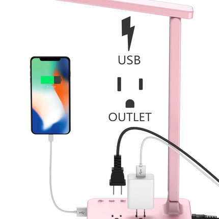 Drevet LED Desk Lamp, Desk Light with 1 USB Charging Port and 2 AC Power Outlet, 3 Lighting Modes, 3 Level Brightness,1H Timer, Touch Control, Eye-Caring Home Office Foldable Table Lamp (Pink)