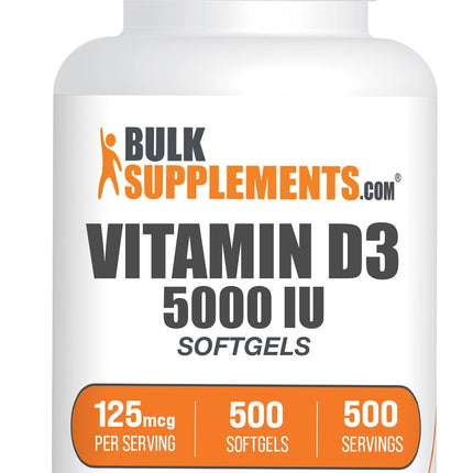 BulkSupplements.com Vitamin D3 5000IU Softgels - Cholecalciferol, D3 Supplement, Vitamin D 5000 IU - 1 Vitamin D3 Softgel (125mcg of Vitamin D) per Serving, 500 Count (Pack of 1)