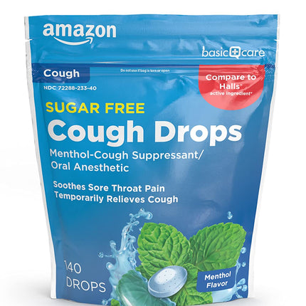 Amazon Basic Care Sugar Free Menthol Cough Drops for Sore Throat Relief, Diabetic-Friendly, 140 Count