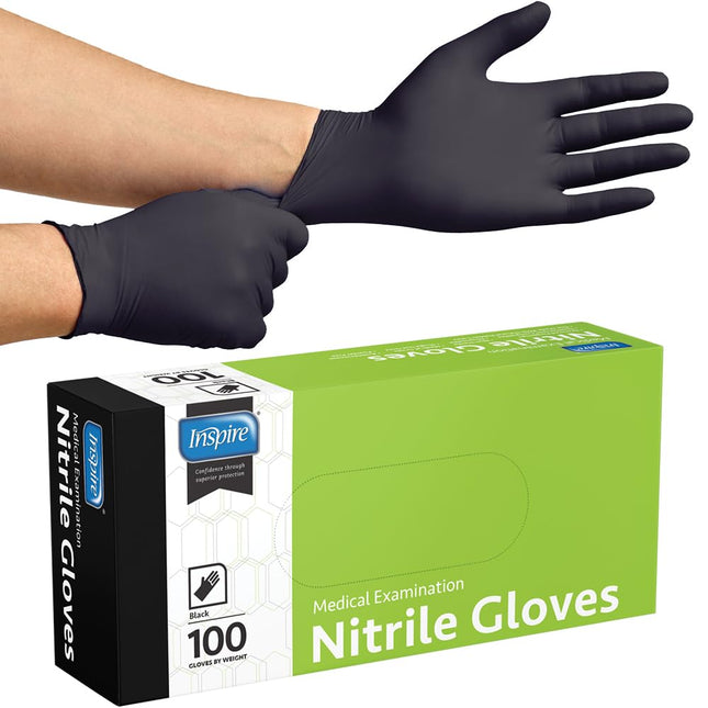 Inspire Black Nitrile Disposable Gloves | 4.5 Nitrile Disposable Safety Medical Cooking Cleaning Gloves (Black - Box Of 100, Medium)
