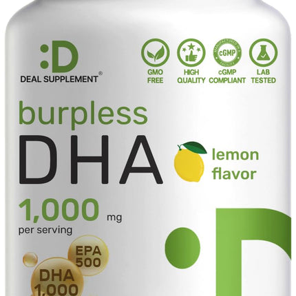 DHA Supplements | 240 Softgels, Burpless, Lemon Flavor, DHA 1000mg + EPA 500mg, Wild Caught Fish, Rich in Omega-3s, Mercury Free, Non-GMO, Support Brain Heart & Joint Health