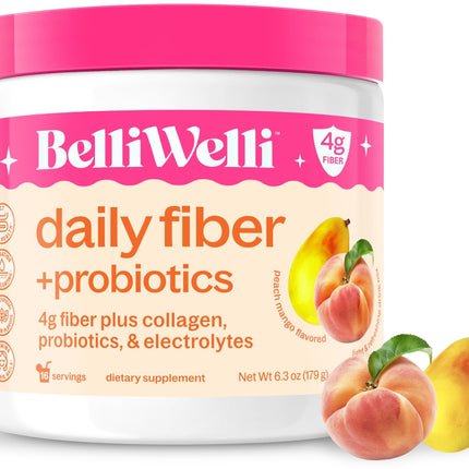 BelliWelli Fiber Supplement for Women & Men – Premium Daily Fiber Powder from Organic Acacia with Added Collagen, Electrolytes & Probiotics – No Bloat, Constipation & Gut Health Support (Peach Mango)