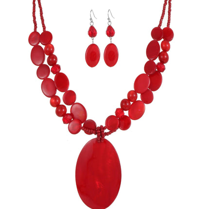 Rosslyons Big Oval Gemotric Pendant Necklace for women Double Strand Colorful Beads Statement Necklace and Earrings Set Fashion Jewelry Gifts (Red)