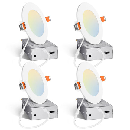 Amico 4 Pack 4 Inch 5CCT Ultra-Thin LED Recessed Ceiling Light with Junction Box, 2700K/3000K/3500K/4000K/5000K Selectable, 10W Eqv 60W 800LM Brightness Dimmable Canless Wafer Downlight, ETL & FCC