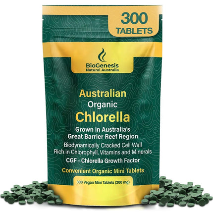 Biogenesis Organic Chlorella Mini Tablets – 300 Count (200mg) | Australian Grown | Rich in Chlorophyll, Vitamins & Minerals | Supports Energy & Immunity | Vegan Mini Tablets