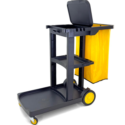 Compact Size Janitorial Cart | 3 Shelves | 25 Gallon Vinyl Bag with Cover | 450 LBS Capacity | Black