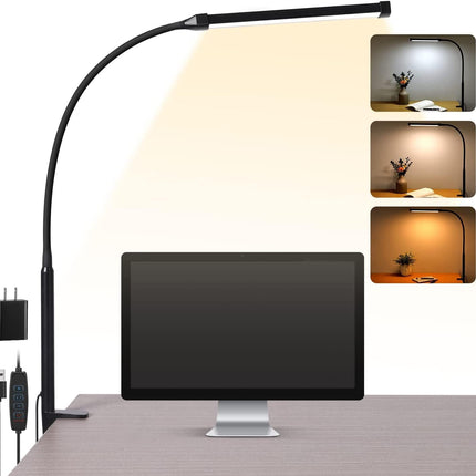 Voncerus LED Desk Lamp with Clamp, Eye-Caring Clip on Lights for Home Office, 3 Modes 10 Brightness, Long Flexible Goose-Neck, Metal, Swing Arm Architect Task Table Lamps with USB Adapter, Black