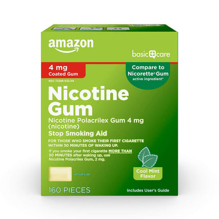 Amazon Basic Care Nicotine Polacrilex Coated Gum 4 mg, Cool Mint Flavor, Stop Smoking Aid, Quit Smoking, Reduce Cravings, 160 Count