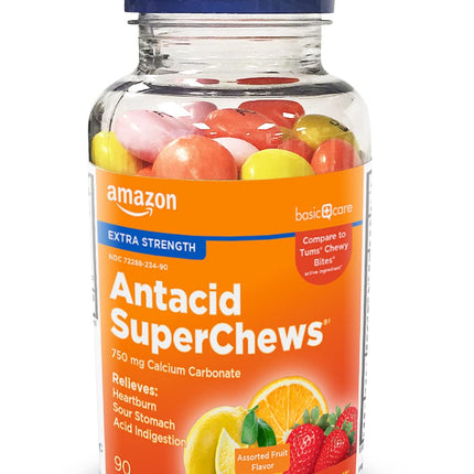Amazon Basic Care Chewy Bites Chewable Antacid Tablets, Ultra Strength Heartburn Relief, Acid Indigestion, Upset & Sour Stomach, Fast-Acting, Assorted Fruit Flavors, 90 Count