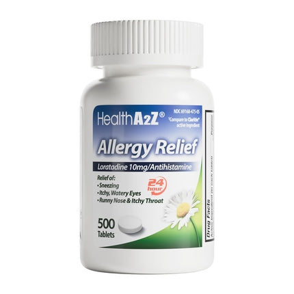 HealthA2Z® Allergy Relief, Loratadine 10mg Antihistamine, 500 Dye Free Tablets, Relief from Itchy Throat, Sneezing, Runny Noses, 24-Hours Allergy Medicine