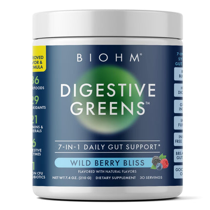 BIOHM Digestive Greens, Green Superfood Powder (7.4 Oz, 30 Servings) Immune & Gut Health Support with Antioxidants, Vitamins, Probiotics & Enzymes, Good Source of Fiber, Berry Flavor