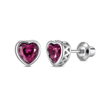 Heart Birthstone Screw Back Earrings, 925 Sterling Silver Hypoallergenic (June)
