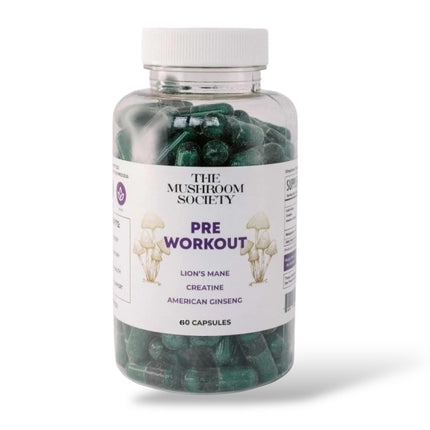 The Mushroom Society Pre-Workout Supplement - Focus & Performance Stack with Lion’s Mane, Creatine, American Ginseng & Beta-Glucans – Natural Energy & Endurance Without Caffeine - 60 Vegan Capsules