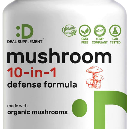 Organic 10-in-1 Mushroom Supplement, 240 Capsules – Lions Mane, Turkey Tail, Reishi, Cordyceps & More Mushroom Complex – Immune, Energy & Nootropic Brain Support – Non-GMO