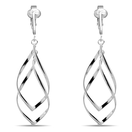 Silver Clip On Earrings For Women, They Look Pierced, Don't Pinch & Won't Fall Off, Hypoallergenic & Lightweight (Silver Double Drops)