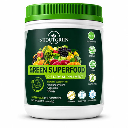 SHOUTGRIIN Green Superfood Powder — Organic Super Greens with 100 Billion CFU Probiotics & Digestive Enzymes — Vegan, Keto, Sugar-Free Daily Greens Supplement — Energy, Gut Health & Immunity