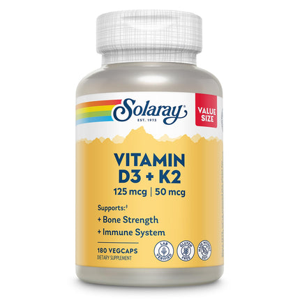 SOLARAY Vitamin D3 K2 - Bone Health and Immune Support Supplement - With 5000 IU Vitamin D as Vit D3 and 50 mcg Vitamin K2 as Menoquinone MK7, Made Without Soy, 60-Day Guarantee, 180 Serv, 180 VegCaps