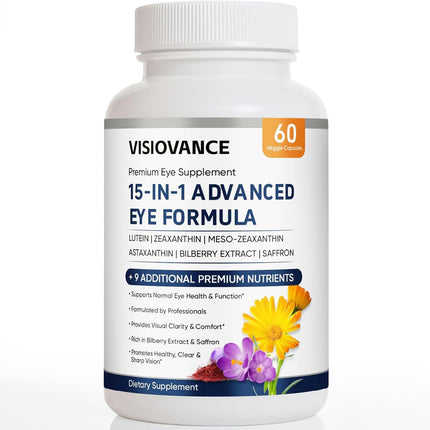 VisioVance 15 in 1 Advanced Eye Formula, Eye Vitamin and Mineral Supplement with Lutein, Zinc, Luteolin, Zeaxanthin & Bilberry Extract, 60 Count (1)