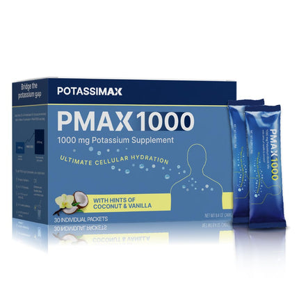 PMAX1000 High Dose Pure Potassium Electrolyte Supplement Powder 1000mg 4-Type Potassium Blend-Citrate, Gluconate, Bicarbonate,Chloride, Supports Healthy Blood Pressure, Heart, Kidneys, Bones, Muscles