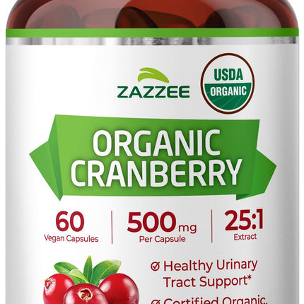 Zazzee USDA Organic Cranberry 25:1 Extract, 500 mg per Capsule, 60 Vegan Capsules, 2 Month Supply, Certified Kosher, Vaccinium Macrocarpon, Urinary Tract & Bladder Support, Non-GMO, Made in the USA