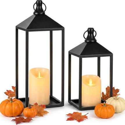 2 Pcs Black Decorative Metal Lanterns Farmhouse Lantern Decor with Candles