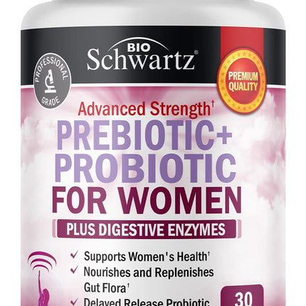 Prebiotics and Probiotics for Women - for Gut, Vaginal and Immune Health Support with Black Cohosh and Red Clover - Whole Food Digestive Enzymes Capsules, Lactobacillus Probiotic Supplement, 30 Count