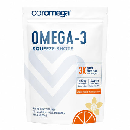 Coromega Omega 3 Fish Oil Supplement, 650mg of Omega-3s with 3X Better Absorption Than Softgels, Orange Flavor, 30 Single Serve Squeeze Packet