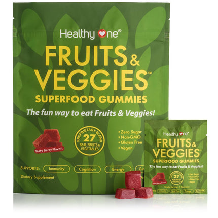 Fruits & Veggies Sugar-Free Gummies - 27 Whole Foods - Equals 3 Servings of Fruits & Vegetables - Improve Energy, Focus & Immune Function - Fiber - Antioxidants - Organic Ingredients - 28 Packets