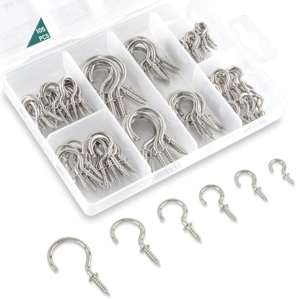 EIENHOSHI 105 Pcs Screw Hooks, 6 Sizes Silver Cup Hooks, Screw in Hooks for Hanging, Metal Cup Hook Screw in (1/2", 5/8", 3/4", 7/8", 1'', 1-1/4")