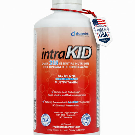 intraKID Drucker Labs Organic Liquid Multivitamin for Kids, Immune Support, Non GMO, Dairy Free, Gluten Free, Magnesium, Vitamin A,C,E, Zinc, (32 oz., Fruity Raspberry)