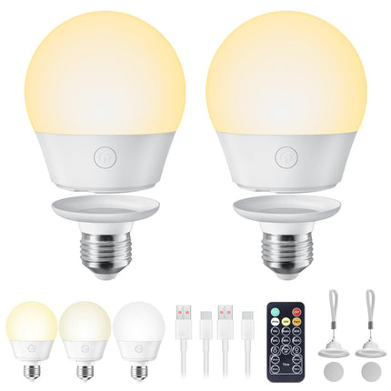 Brightown E26 Rechargeable Light Bulb with Remote Timer and 3 Color Temperatures, Battery Backup Bulb for Sconces and Lamps, E26 Detachable Charging for Non-Hardwired Fixture, Dimmer, 700LM