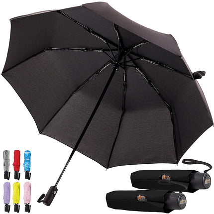GORILLA GRIP Strong Windproof Stick Compact Umbrella for Rain, 2 PK, One-Click Automatic Open Close, Durable Quick Dry Waterproof Material, Lightweight, Portable, Travel Size Fits Backpack, Black