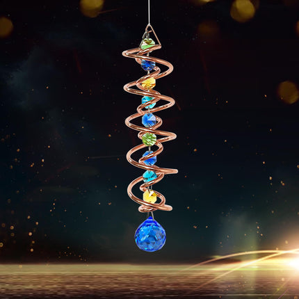 FONMY Gazing Ball Spiral Tail -Decorative Wind Spinner Sun Catcher Rainbow Maker Copper Double-Spiral W/Sea Blue Crystal Ball and Chain Crystals Beads for Indoor Outdoor Garden Decoration -14 inch H