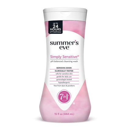 Summer's Eve Simply Sensitive All-Over Daily Feminine Wash, Gentle pH-Balanced Body Wash for Women, Removes Vaginal Odor, 15 Fl Oz