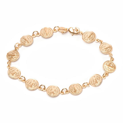 Barzel 18K Gold Plated Religious Bracelet with Saint Benedict Coins, 7.5 Inches - Made In Brazil
