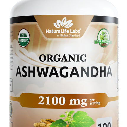 NaturaLife Labs Organic Ashwagandha 2100 mg per Serving – Herbal Supplement Root Powder & Extract – 100 Capsules – Vegan, Non-GMO, Gluten-Free