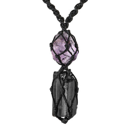 Handmade Raw Black Tourmaline & Amethyst Necklace – Macramé Crystal Pendant for Spiritual Balance, Grounding & Everyday Energy Gift for Men, Women