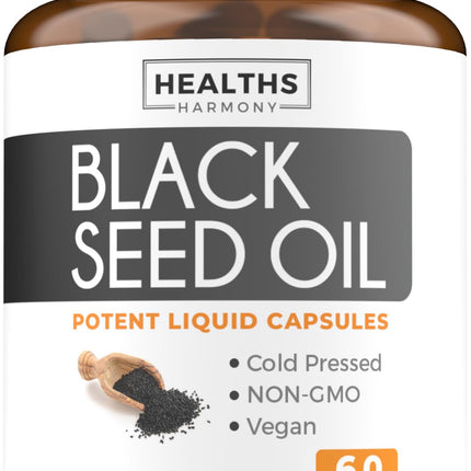 Black Seed Oil - 60 Softgel Capsules (Non-GMO & Vegan) Premium Cold-Pressed Nigella Sativa Producing Pure Black Cumin Seed Oil with Vitamin E - 500mg Each, 1000mg Per 2 Capsule Serving