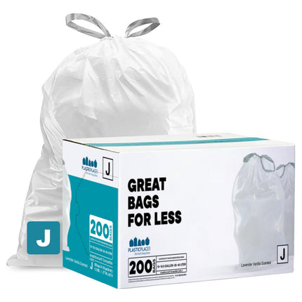 Plasticplace White Drawstring Lavender and Soft Vanilla Scented Garbage Can Liners, Compatible with Code J (200 Count) 10-10.5 Gallon / 38-40 Liter, 21" x 28 "