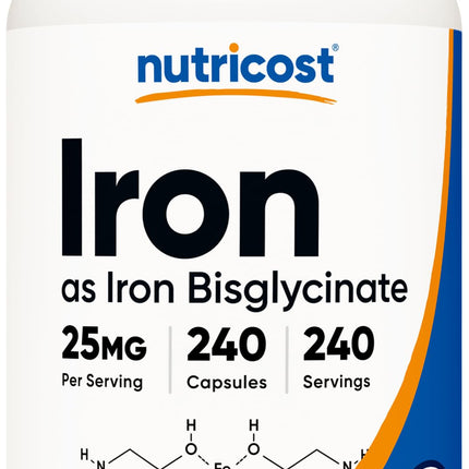 Nutricost Iron Bisglycinate Supplement (25mg) 240 Capsules - from Ferrous Bisglycinate Chelate - Non-GMO & Gluten-Free, Gentle Iron
