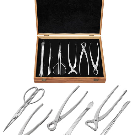 Bonsai Tool Set 6PCS with Wood Box, Stainless Steel Bonsai Tools