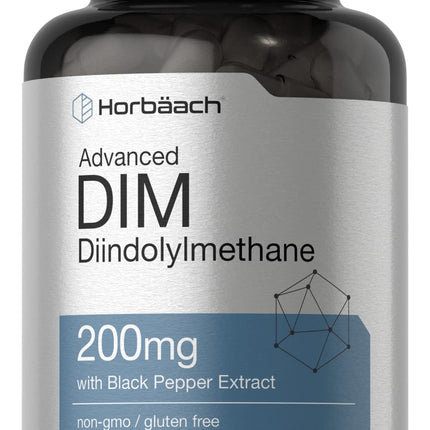 Horbäach DIM Supplement 200mg | 200 Capsules | with Black Pepper Extract | Advanced Diindolylmethane for Women and Men | Non-GMO, Gluten Free
