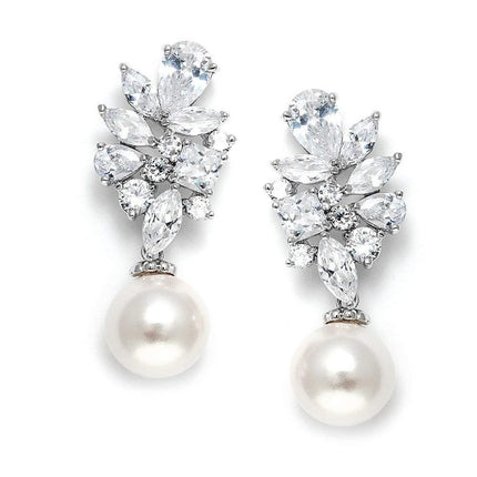 Mariell Pearl Drop & Dangle Bridal Earrings with CZ Crystal Cluster, Statement Jewelry for Bride, Mother of the Bride