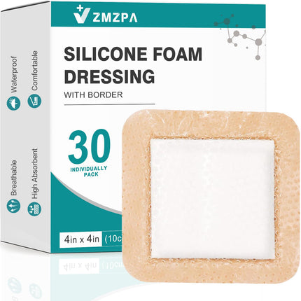 30 Pcs Silicone Foam Dressing 4x4 Gentle Border, Waterproof Silicone Bandages for Wounds Care, Bed Sore Patches, Super Absorbent Wound Dressing, Self Adhesive Pressure Sore Pads
