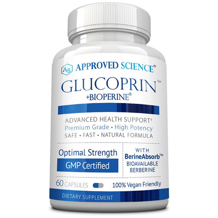 Approved Science Glucoprin - 250 mg Berberine, Mulberry, Cinnamon, BioPerine, Non GMO- Made in the US - 60 Vegan Capsules - Pack of 1