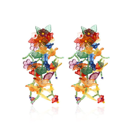 Hypoallergenic Rainbow Flower Floral Statement Dangle Earrings - Colorful Tassel, Beaded Leaf Cluster Drop Earrings