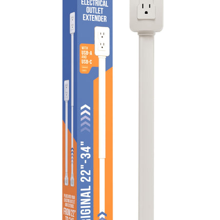 EZ Outlet Electrical Outlet Extender. Access Hard-to-Reach Outlets! Features USB-A, USB-C, and 2 AC Outlets, Extends 22"-34", Rotates 180°. Use Behind Couches, Nightstands, Desks, and More.